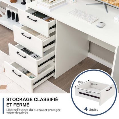 Bureau Ordinateur, Bureau Informatique, Grand Bureau, Bureau Moderne, Poste de Travail avec 4 Tiroirs, Costway, 5