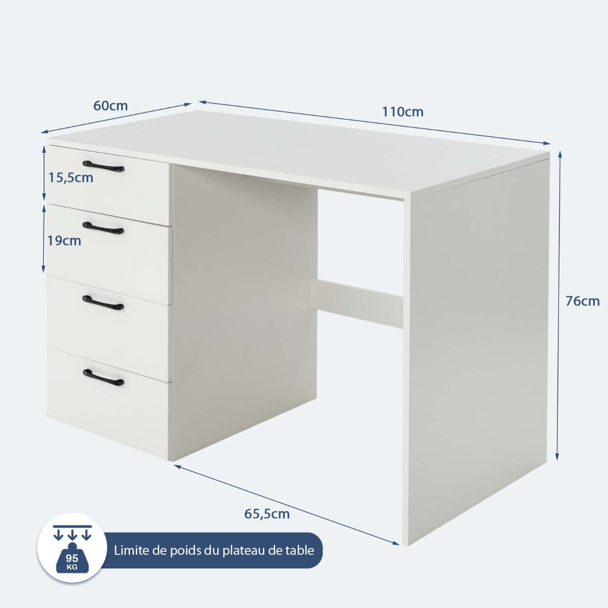 Bureau Ordinateur, Bureau Informatique, Grand Bureau, Bureau Moderne, Poste de Travail avec 4 Tiroirs, Costway, 8