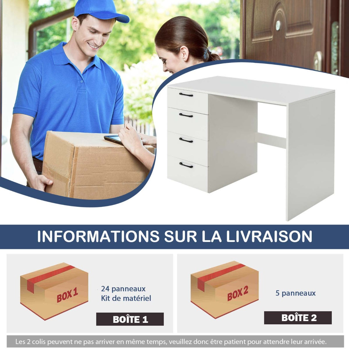 Bureau Ordinateur, Bureau Informatique, Grand Bureau, Bureau Moderne, Poste de Travail avec 4 Tiroirs, Costway, 6