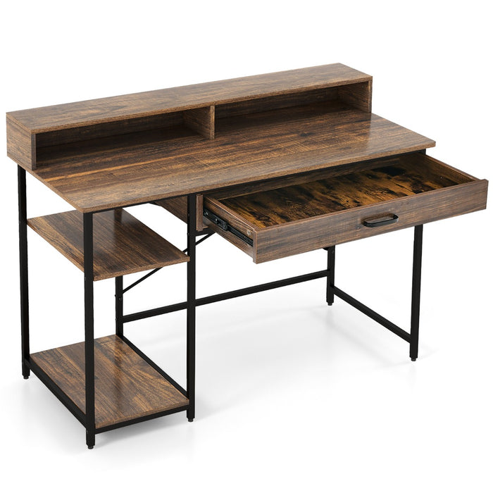 Costway - Bureau Ordinateur, Bureau Informatique, Bureau Moderne, Table de Bureau, Poste de Travail avec 2 Étagères Ouvertes, 120x56x90,5cm, Marron