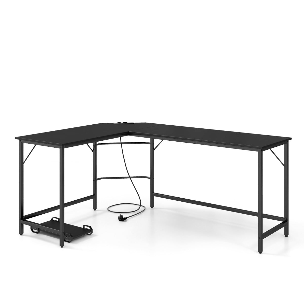 Table, Bureau d'Angle de 168 cm, Table de Bureau, Bureau en L avec Support UC, Poste de Travail, Noir, Costway, 1