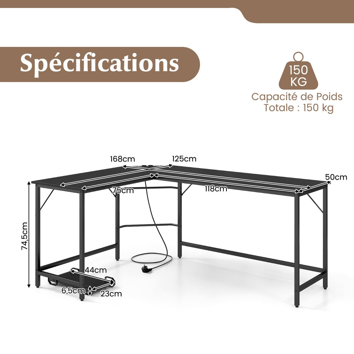 Table, Bureau d'Angle de 168 cm, Table de Bureau, Bureau en L avec Support UC, Poste de Travail, Noir, Costway, 8