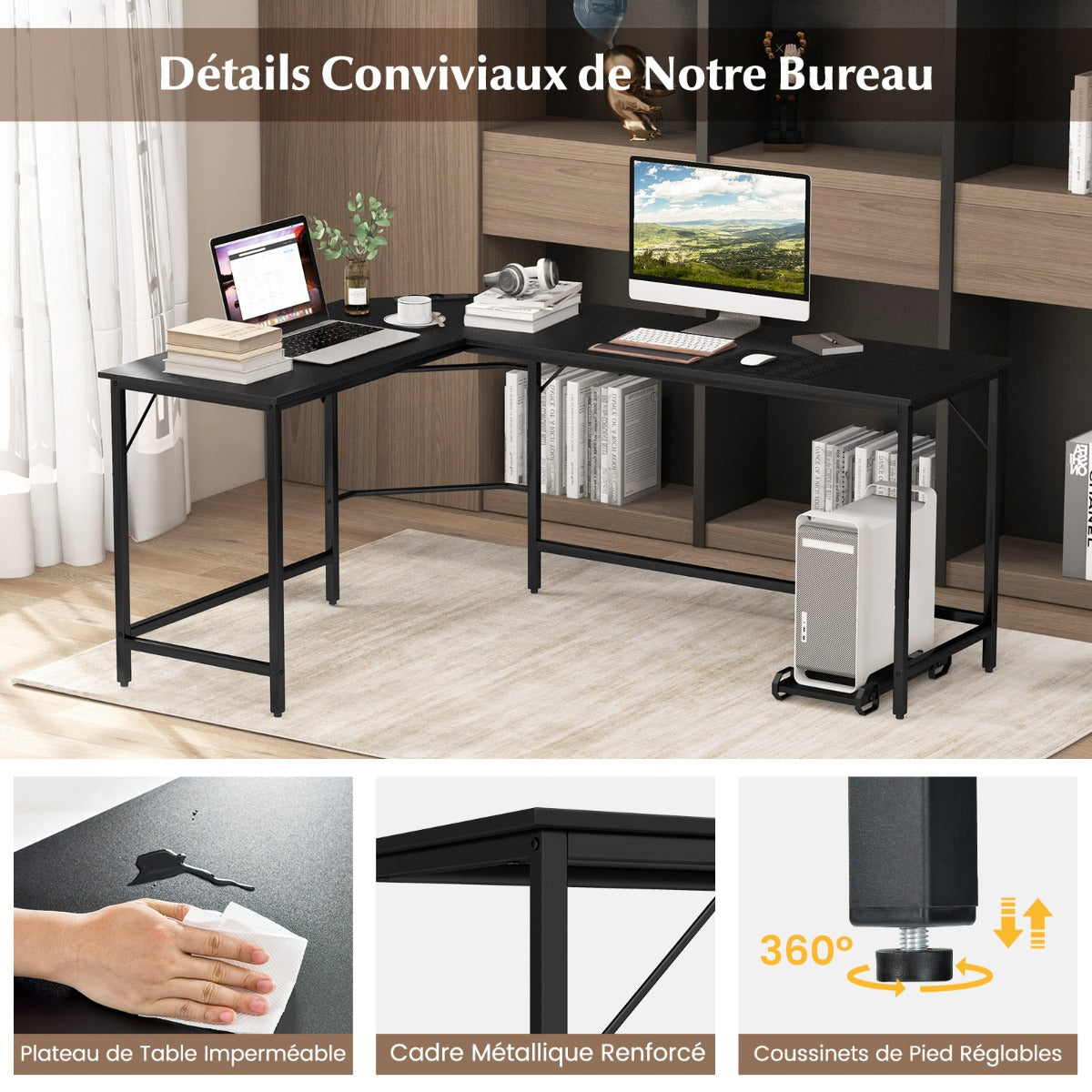 Table, Bureau d'Angle de 168 cm, Table de Bureau, Bureau en L avec Support UC, Poste de Travail, Noir, Costway, 4