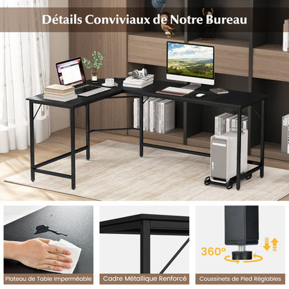 Table, Bureau d'Angle de 168 cm, Table de Bureau, Bureau en L avec Support UC, Poste de Travail, Noir, Costway, 4