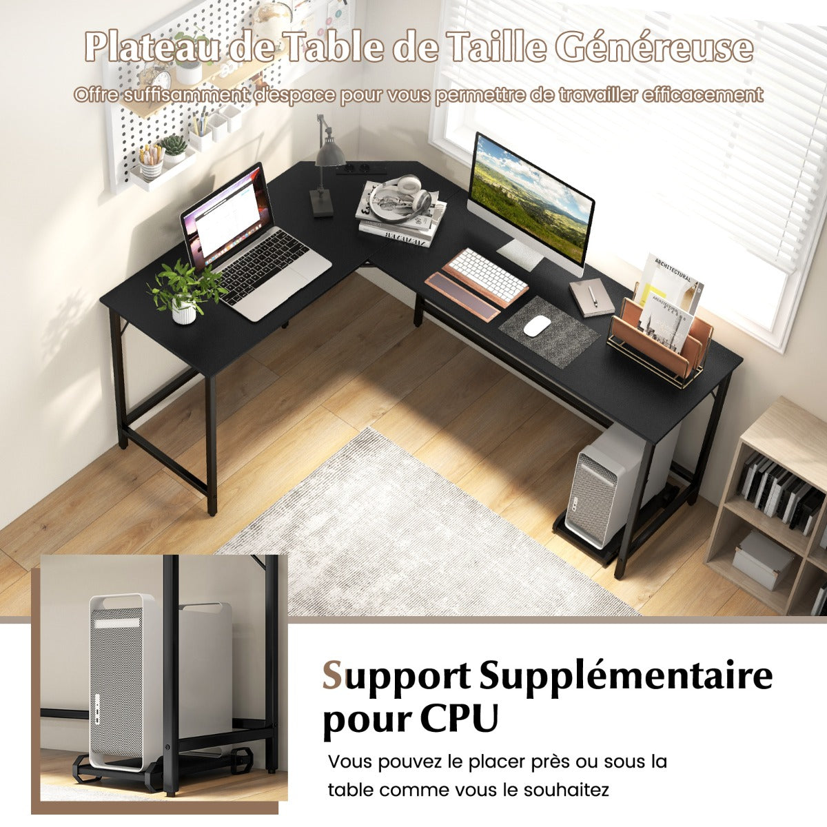 Table, Bureau d'Angle de 168 cm, Table de Bureau, Bureau en L avec Support UC, Poste de Travail, Noir, Costway, 5