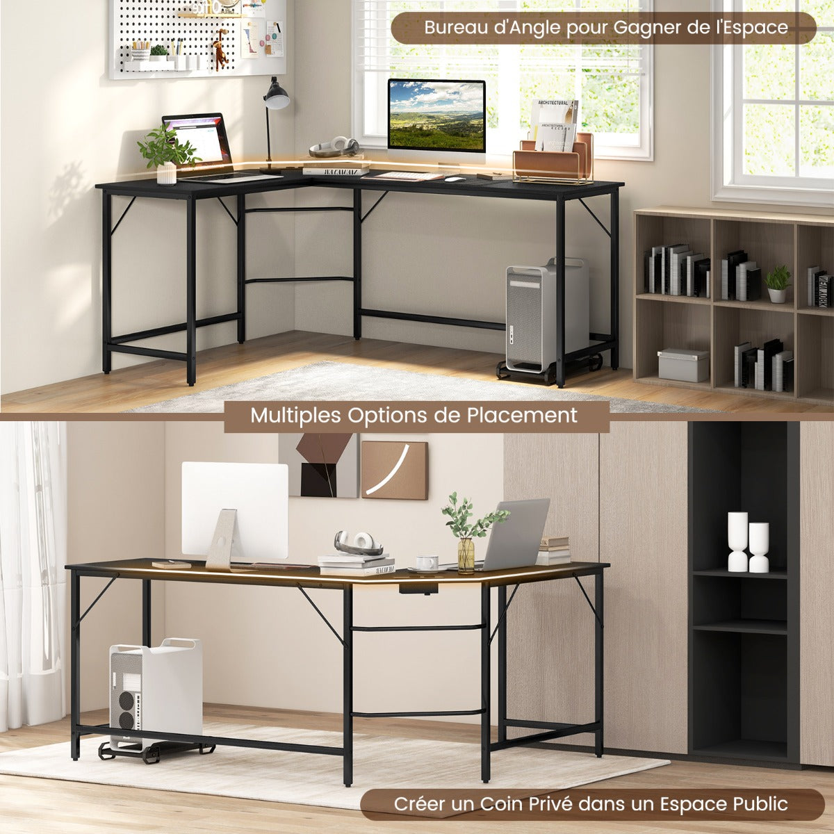 Table, Bureau d'Angle de 168 cm, Table de Bureau, Bureau en L avec Support UC, Poste de Travail, Noir, Costway, 6