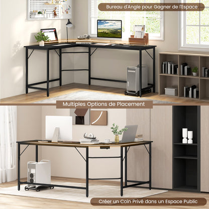 Table, Bureau d'Angle de 168 cm, Table de Bureau, Bureau en L avec Support UC, Poste de Travail, Noir, Costway, 6