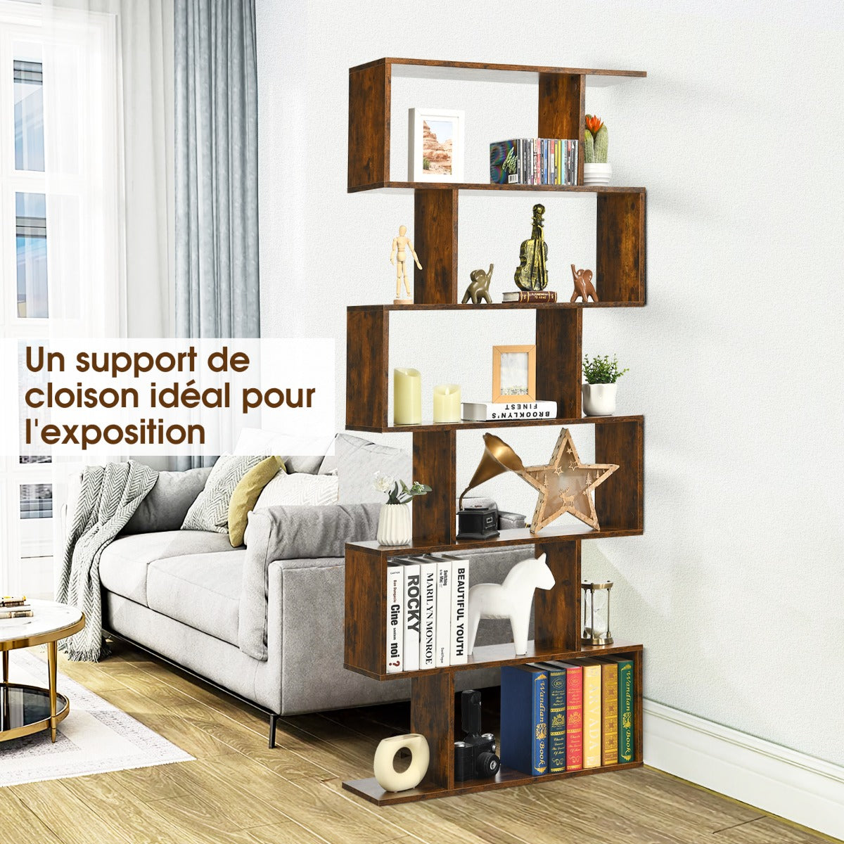 Étagère Bibliothèque, 6 Niveaux, Etagere de Rangement, Etagere Colonne, Etagere Salon, Café, Costway, 3