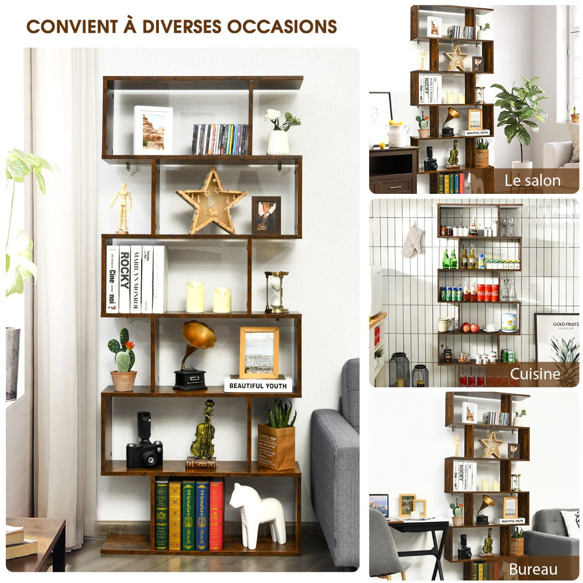 Étagère Bibliothèque, 6 Niveaux, Etagere de Rangement, Etagere Colonne, Etagere Salon, Café, Costway, 6