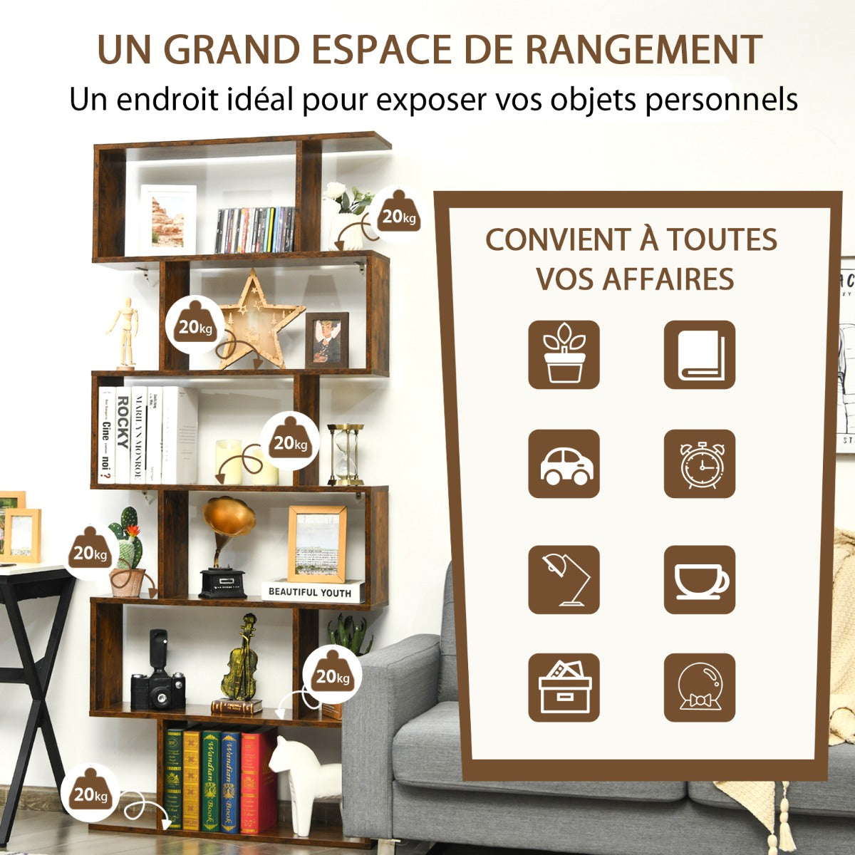 Étagère Bibliothèque, 6 Niveaux, Etagere de Rangement, Etagere Colonne, Etagere Salon, Café, Costway, 7