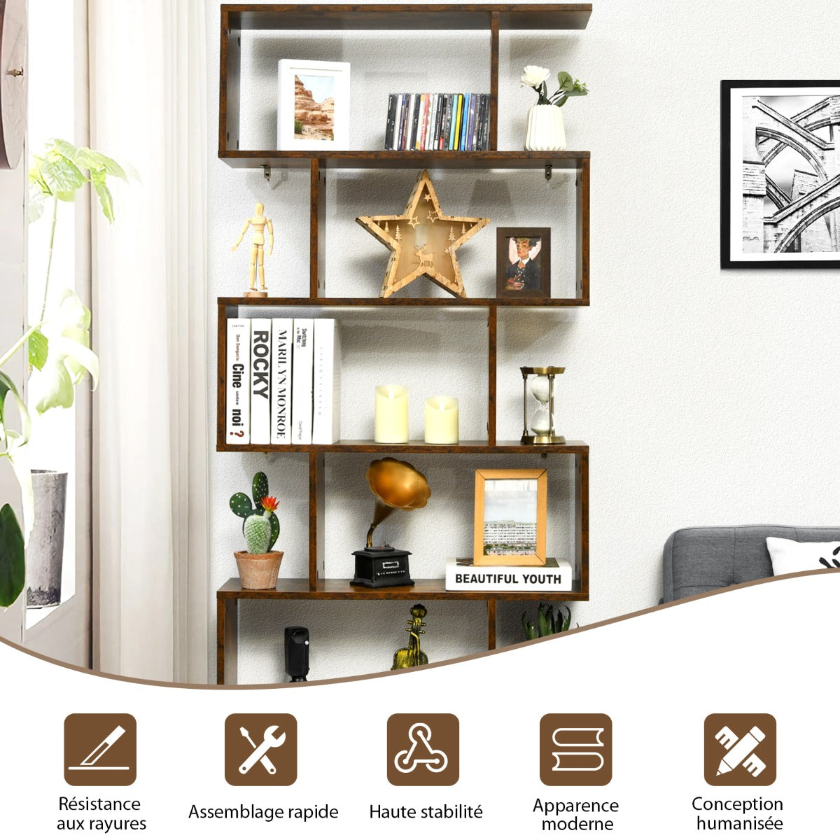 Étagère Bibliothèque, 6 Niveaux, Etagere de Rangement, Etagere Colonne, Etagere Salon, Café, Costway, 8