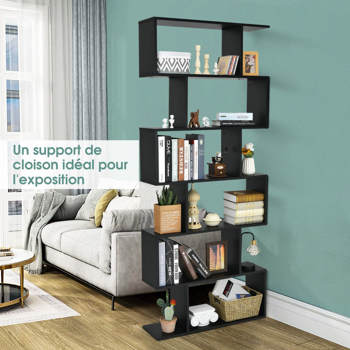 Étagère Bibliothèque, 6 Niveaux, Etagere de Rangement, Etagere Colonne, Etagere Salon, Noir, Costway, 3