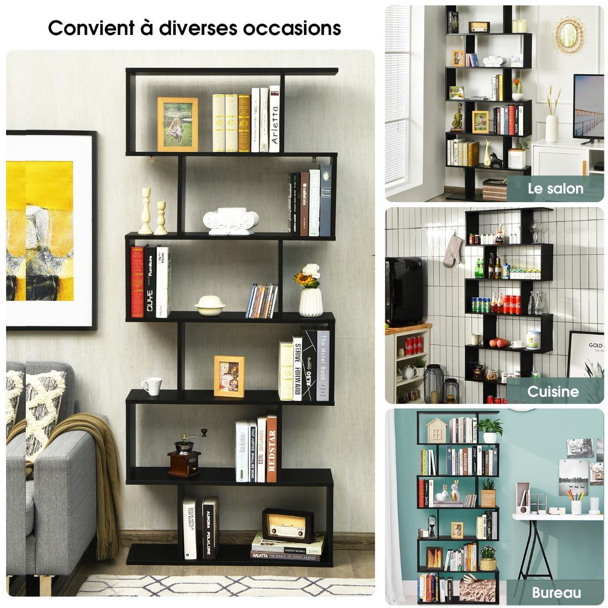 Étagère Bibliothèque, 6 Niveaux, Etagere de Rangement, Etagere Colonne, Etagere Salon, Noir, Costway, 6