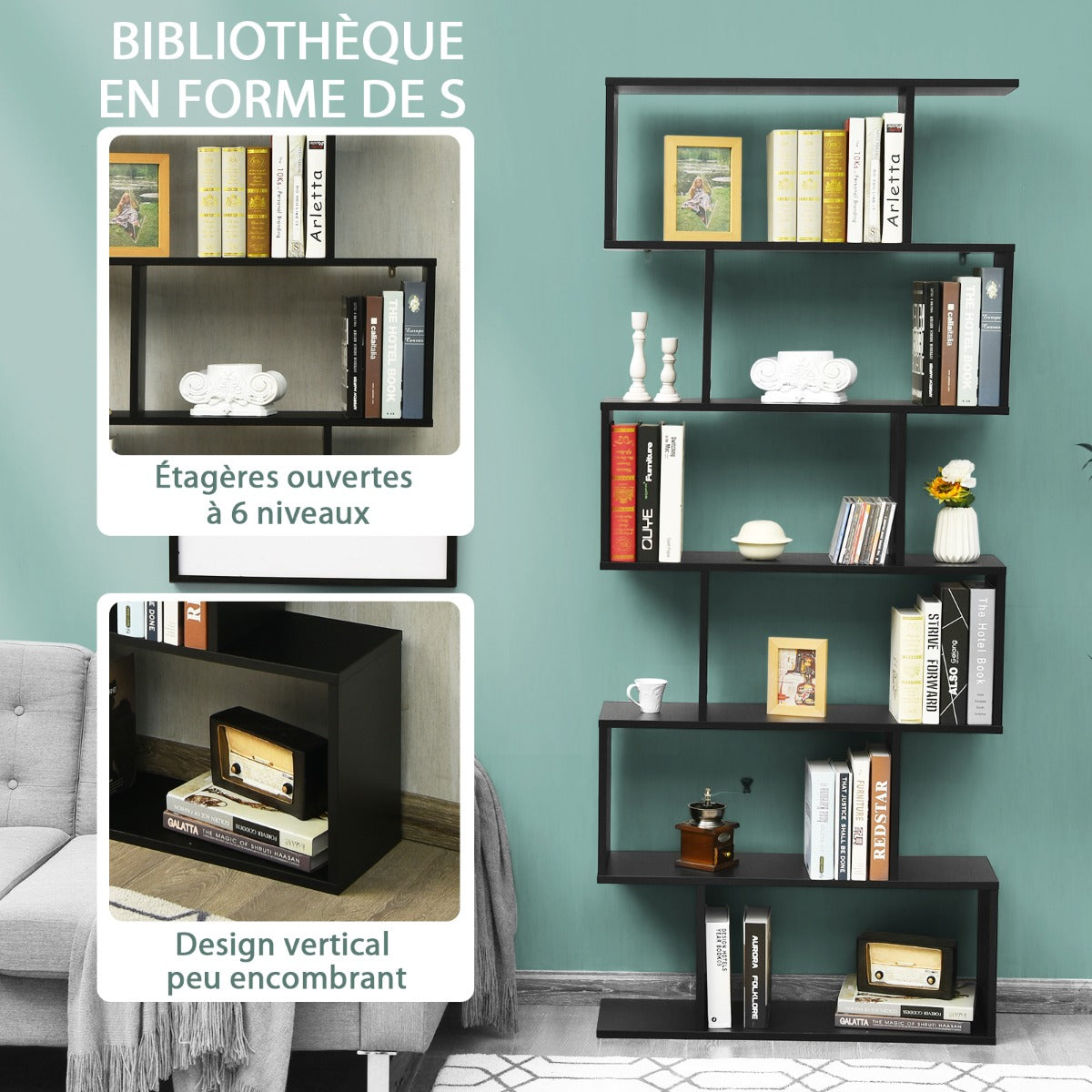 Étagère Bibliothèque, 6 Niveaux, Etagere de Rangement, Etagere Colonne, Etagere Salon, Noir, Costway, 5