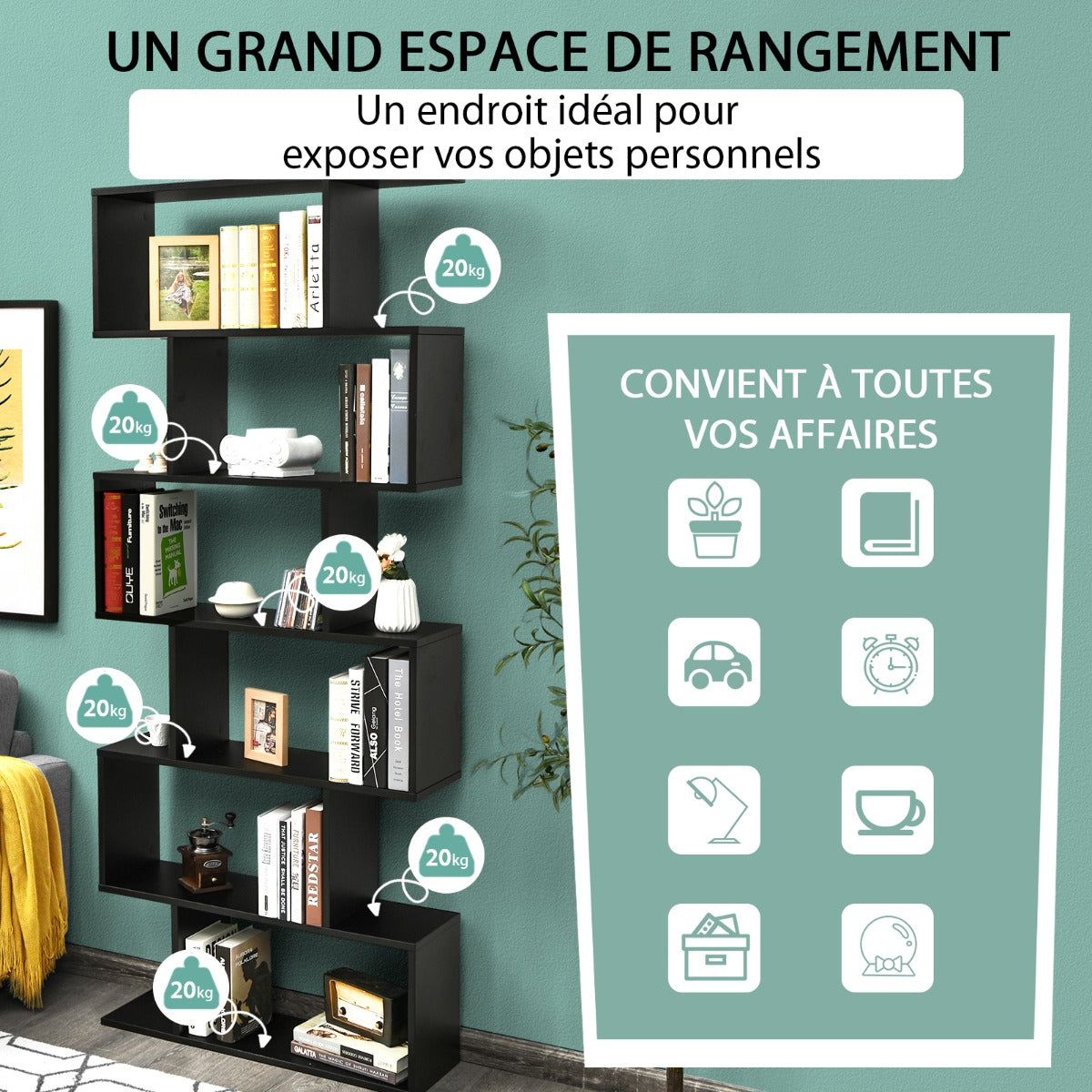 Étagère Bibliothèque, 6 Niveaux, Etagere de Rangement, Etagere Colonne, Etagere Salon, Noir, Costway, 7