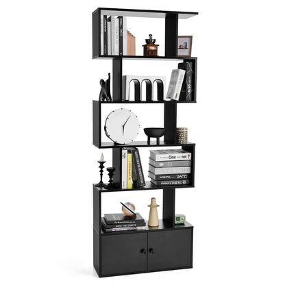 Étagère Bibliothèque, Etagere de Rangement, Etagere Colonne, Échelle en Bois à 6 niveaux avec 2 Portes, Noir, Costway, 4