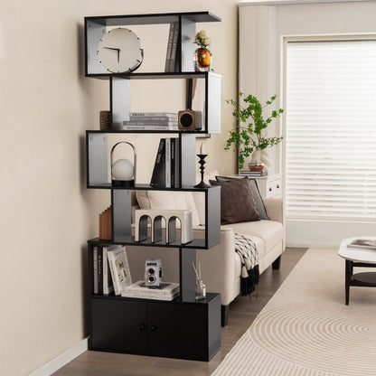 Étagère Bibliothèque, Etagere de Rangement, Etagere Colonne, Échelle en Bois à 6 niveaux avec 2 Portes, Noir, Costway, 3