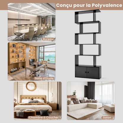 Étagère Bibliothèque, Etagere de Rangement, Etagere Colonne, Échelle en Bois à 6 niveaux avec 2 Portes, Noir, Costway, 6