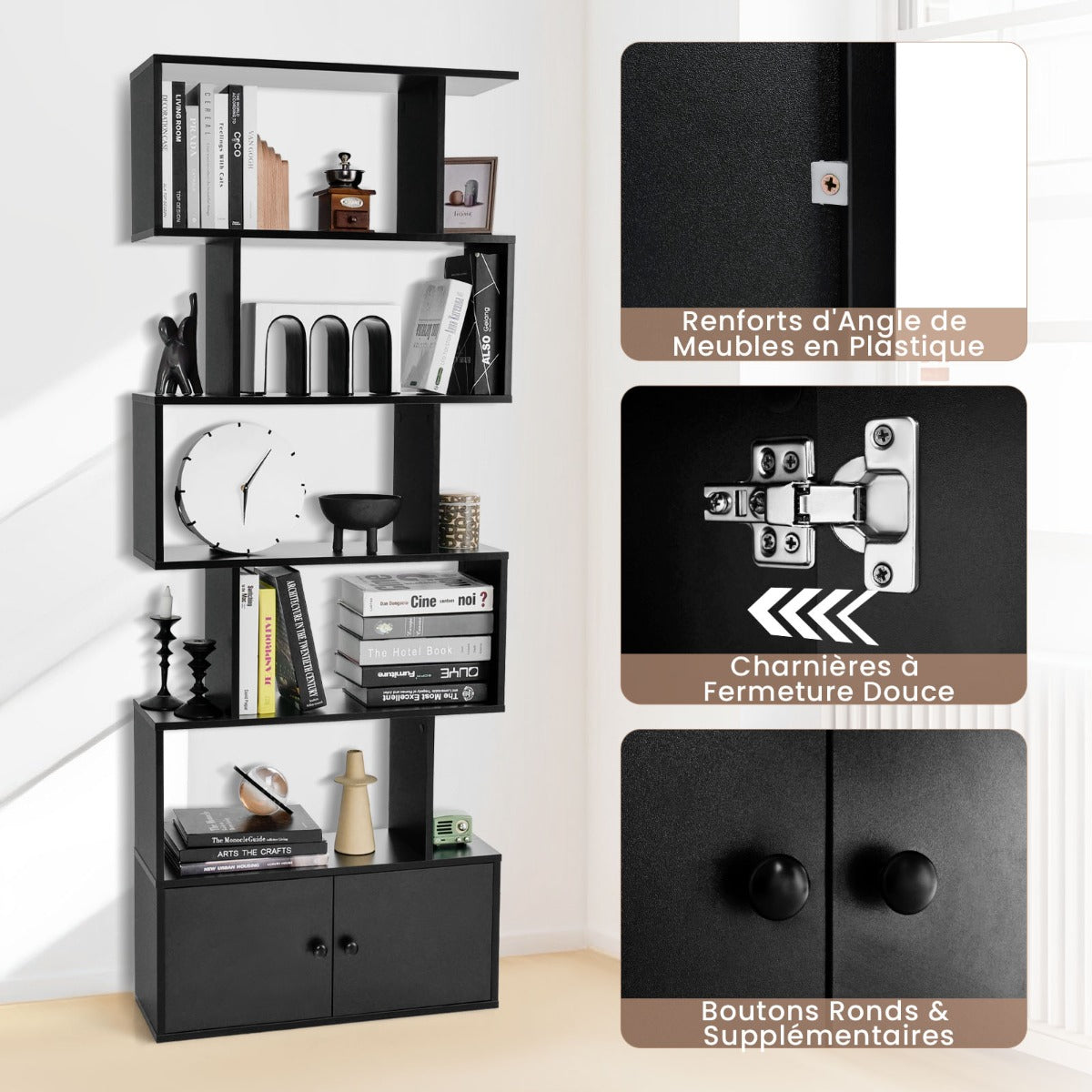 Étagère Bibliothèque, Etagere de Rangement, Etagere Colonne, Échelle en Bois à 6 niveaux avec 2 Portes, Noir, Costway, 5