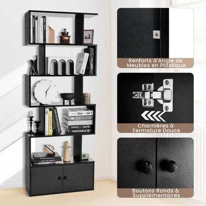Étagère Bibliothèque, Etagere de Rangement, Etagere Colonne, Échelle en Bois à 6 niveaux avec 2 Portes, Noir, Costway, 5