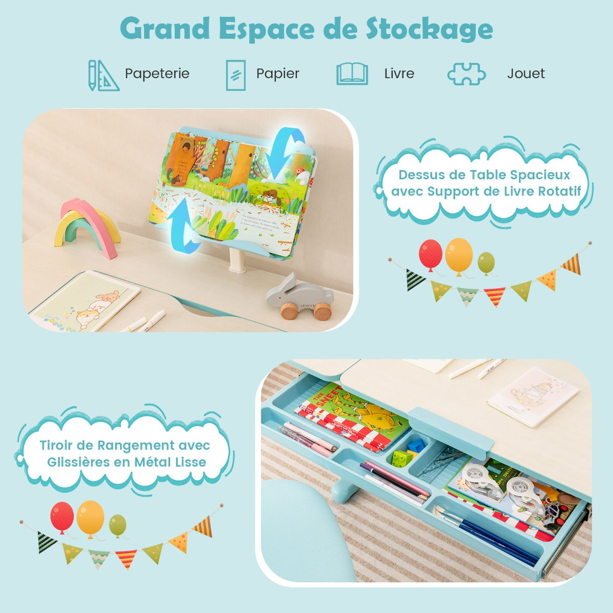 Bureau Enfant, Bureau enfant Primaire, avec Hauteur Réglable, Plateau Incliné 0-60° Support de Livre & Tiroir, Bleu, Costway, 5