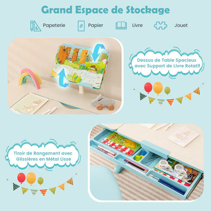 Bureau Enfant, Bureau enfant Primaire, avec Hauteur Réglable, Plateau Incliné 0-60° Support de Livre & Tiroir, Bleu, Costway, 5