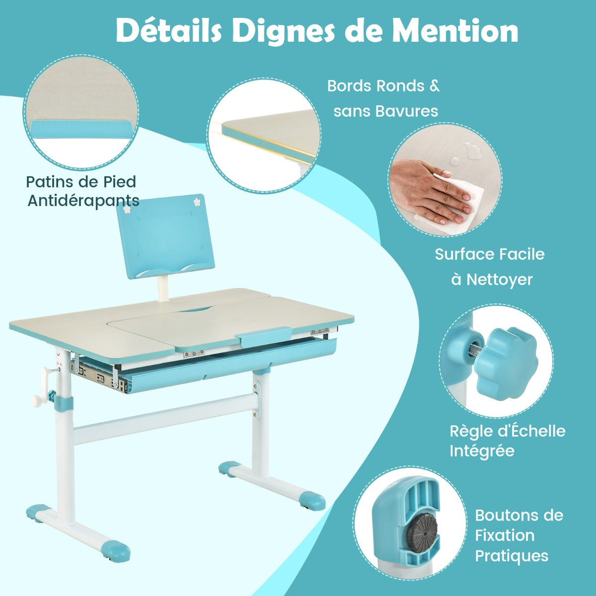 Bureau Enfant, Bureau enfant Primaire, avec Hauteur Réglable, Plateau Incliné 0-60° Support de Livre & Tiroir, Bleu, Costway, 6
