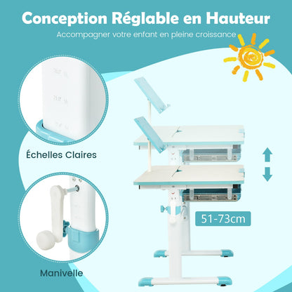 Bureau Enfant, Bureau enfant Primaire, avec Hauteur Réglable, Plateau Incliné 0-60° Support de Livre & Tiroir, Bleu, Costway, 7
