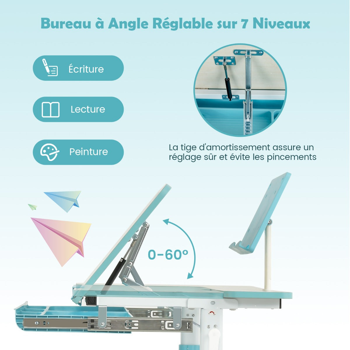 Bureau Enfant, Bureau enfant Primaire, avec Hauteur Réglable, Plateau Incliné 0-60° Support de Livre & Tiroir, Bleu, Costway, 8