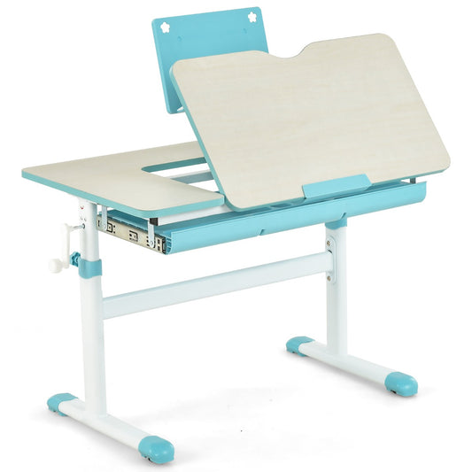 Bureau Enfant, Bureau enfant Primaire, avec Hauteur Réglable, Plateau Incliné 0-60° Support de Livre & Tiroir, Bleu, Costway, 1