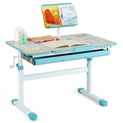 Bureau Enfant, Bureau enfant Primaire, avec Hauteur Réglable, Plateau Incliné 0-60° Support de Livre & Tiroir, Bleu, Costway, 4