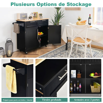 Chariot de Rangement, Ilot de Cuisine, Desserte a Roulette, Desserte de Cuisine, 2 Tiroirs, 2 Portes, Noir, Costway, 5