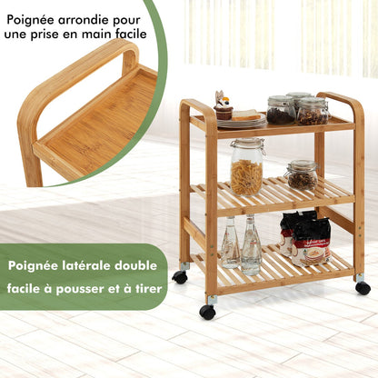 Desserte a Roulette, 3 Niveaux, Desserte de Cuisine, Chariot de Rangement, en Bambou, avec Roulettes, Latérales Supportà , Costway, 6