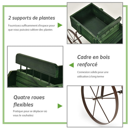 Support Plante, Support pot de Fleur, Brouette Décorative en Bois avec 2 Compartiments à Planter Roues Métalliques, Vert, Costway, 4