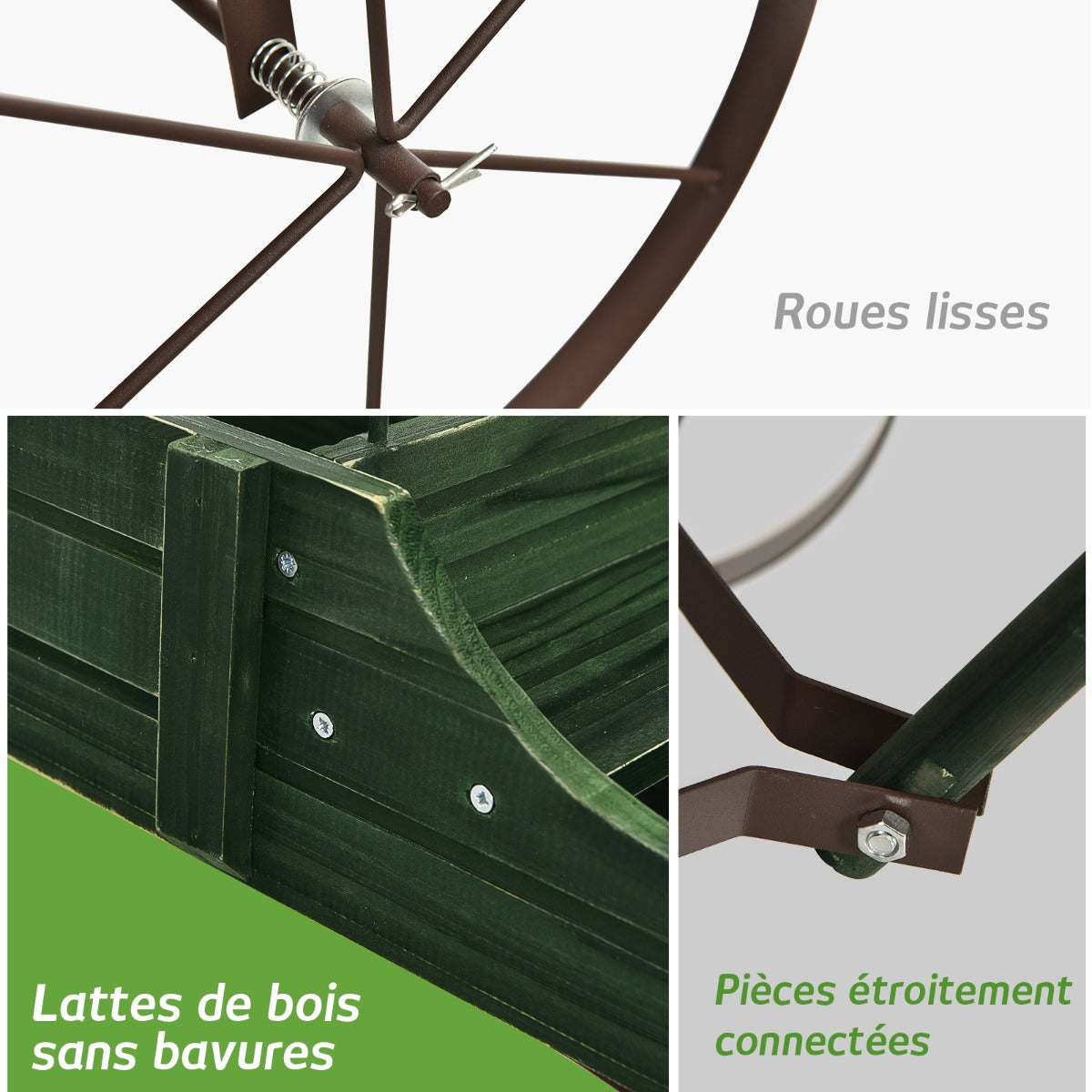 Support Plante, Support pot de Fleur, Brouette Décorative en Bois avec 2 Compartiments à Planter Roues Métalliques, Vert, Costway, 5