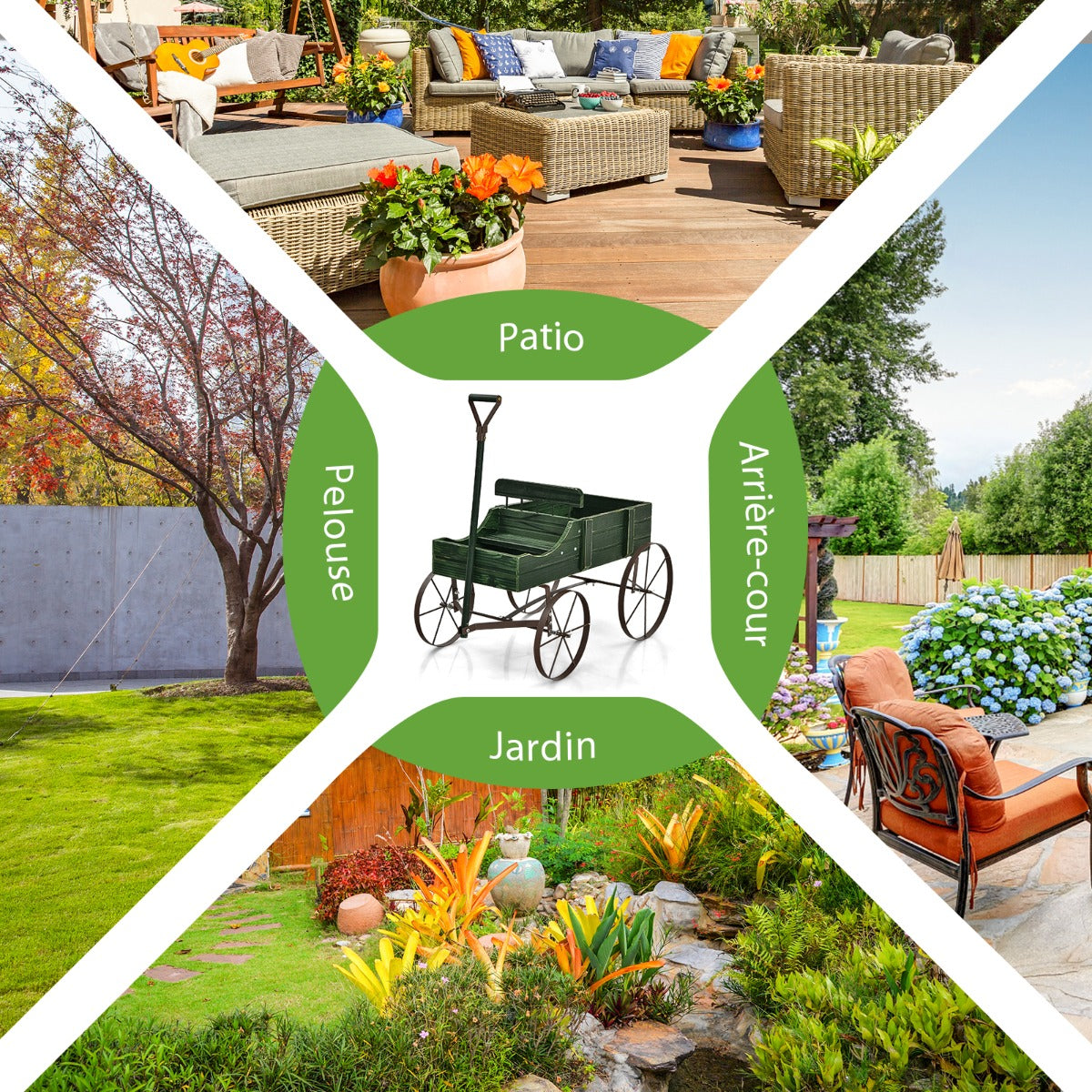 Support Plante, Support pot de Fleur, Brouette Décorative en Bois avec 2 Compartiments à Planter Roues Métalliques, Vert, Costway, 6