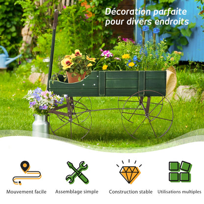Support Plante, Support pot de Fleur, Brouette Décorative en Bois avec 2 Compartiments à Planter Roues Métalliques, Vert, Costway, 7