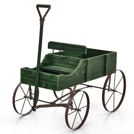 Support Plante, Support pot de Fleur, Brouette Décorative en Bois avec 2 Compartiments à Planter Roues Métalliques, Vert, Costway, 1