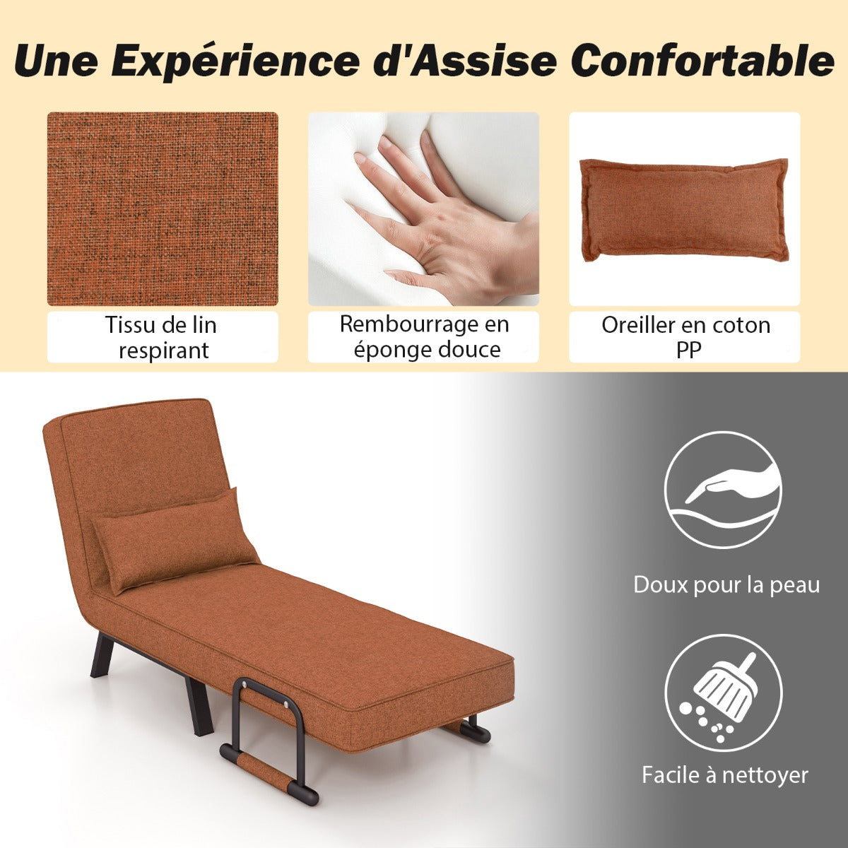Fauteuil Convertible, Dossier Réglable en 6 Positions, Canapé Lit 1 Place, Fauteuil Confortable, Café, Costway, 7