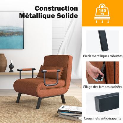 Fauteuil Convertible, Dossier Réglable en 6 Positions, Canapé Lit 1 Place, Fauteuil Confortable, Café, Costway, 6