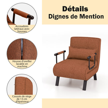 Fauteuil Convertible, Dossier Réglable en 6 Positions, Canapé Lit 1 Place, Fauteuil Confortable, Café, Costway, 5