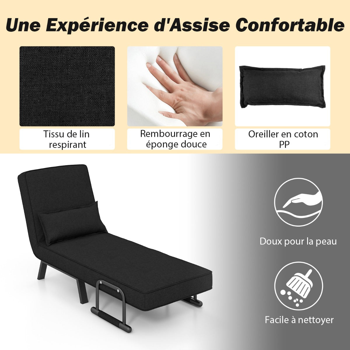 Fauteuil Convertible, Dossier Réglable en 6 Positions, Canapé Lit 1 Place, Fauteuil Confortable, Noir, Costway, 7