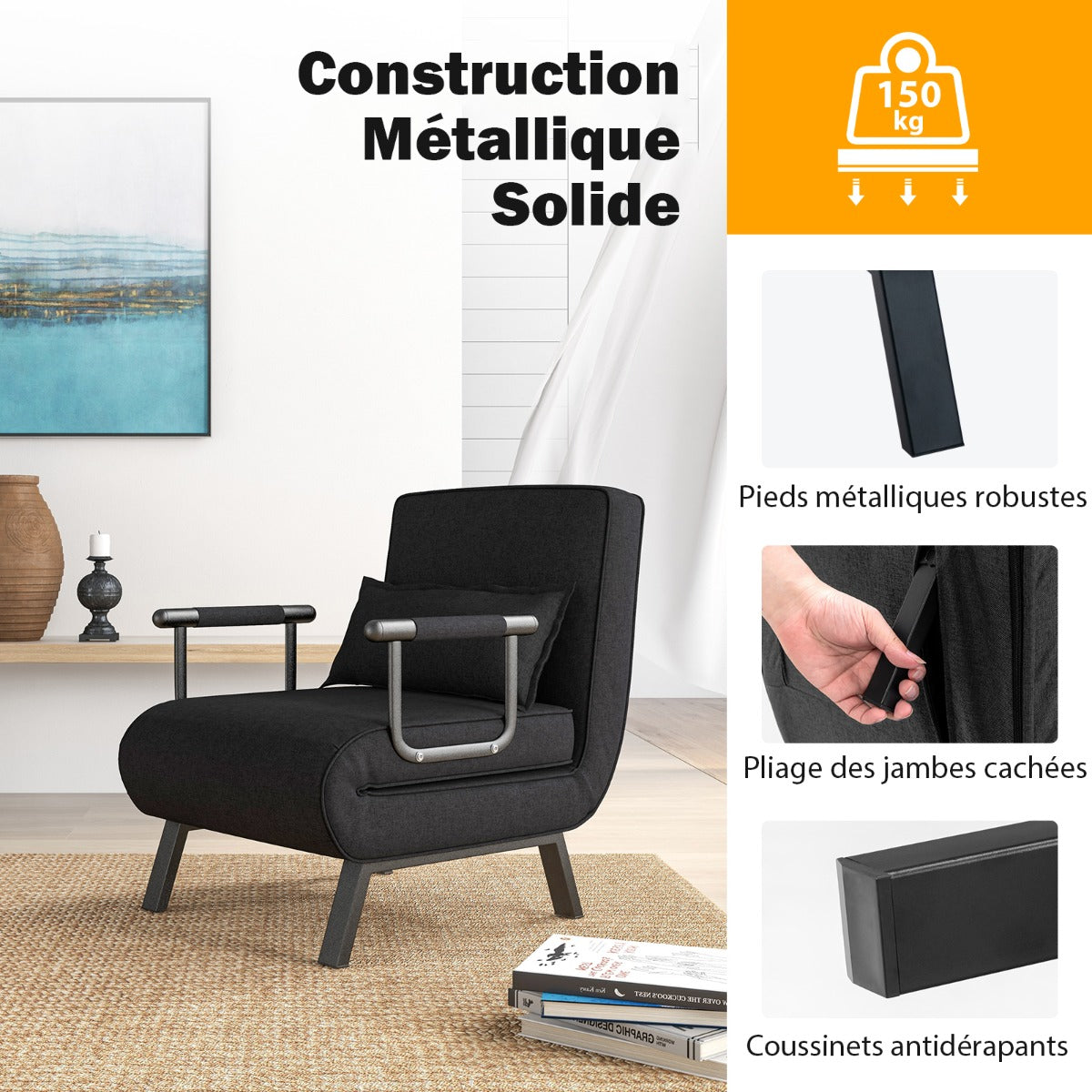 Fauteuil Convertible, Dossier Réglable en 6 Positions, Canapé Lit 1 Place, Fauteuil Confortable, Noir, Costway, 6