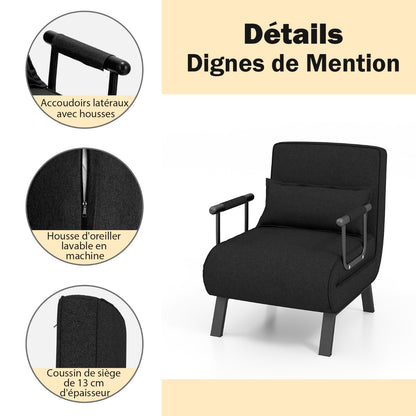 Fauteuil Convertible, Dossier Réglable en 6 Positions, Canapé Lit 1 Place, Fauteuil Confortable, Noir, Costway, 5