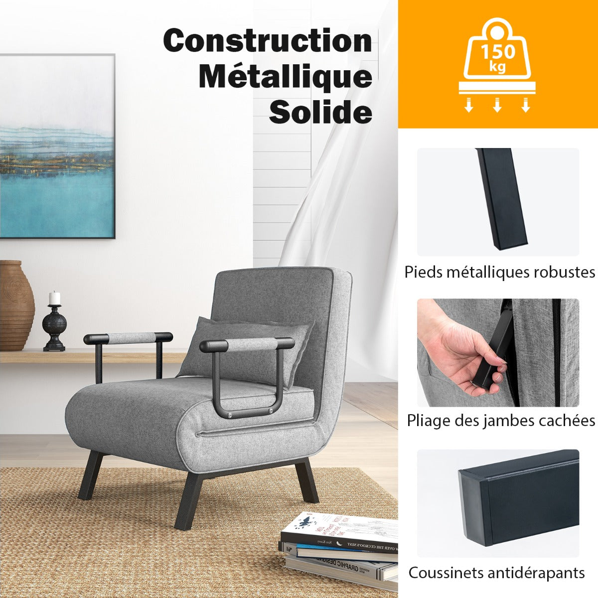 Fauteuil Convertible, Dossier Réglable en 6 Positions, Canapé Lit 1 Place, Fauteuil Confortable, Fauteuil Salon, Costway, 6