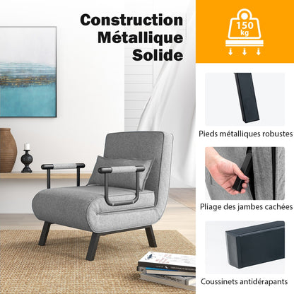 Fauteuil Convertible, Dossier Réglable en 6 Positions, Canapé Lit 1 Place, Fauteuil Confortable, Fauteuil Salon, Costway, 6