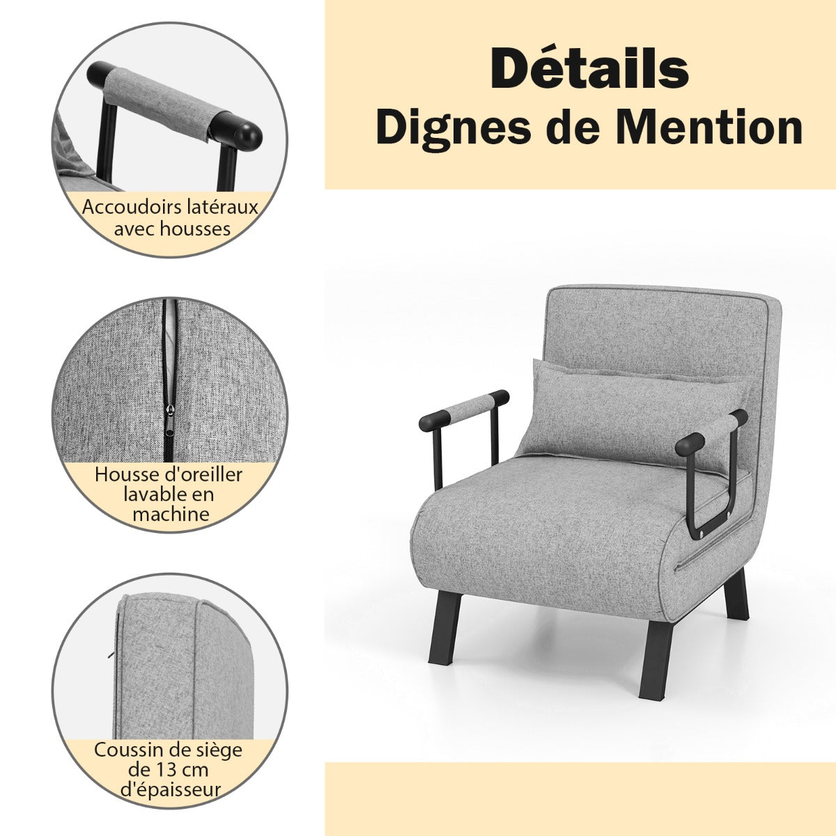 Fauteuil Convertible, Dossier Réglable en 6 Positions, Canapé Lit 1 Place, Fauteuil Confortable, Fauteuil Salon, Costway, 5