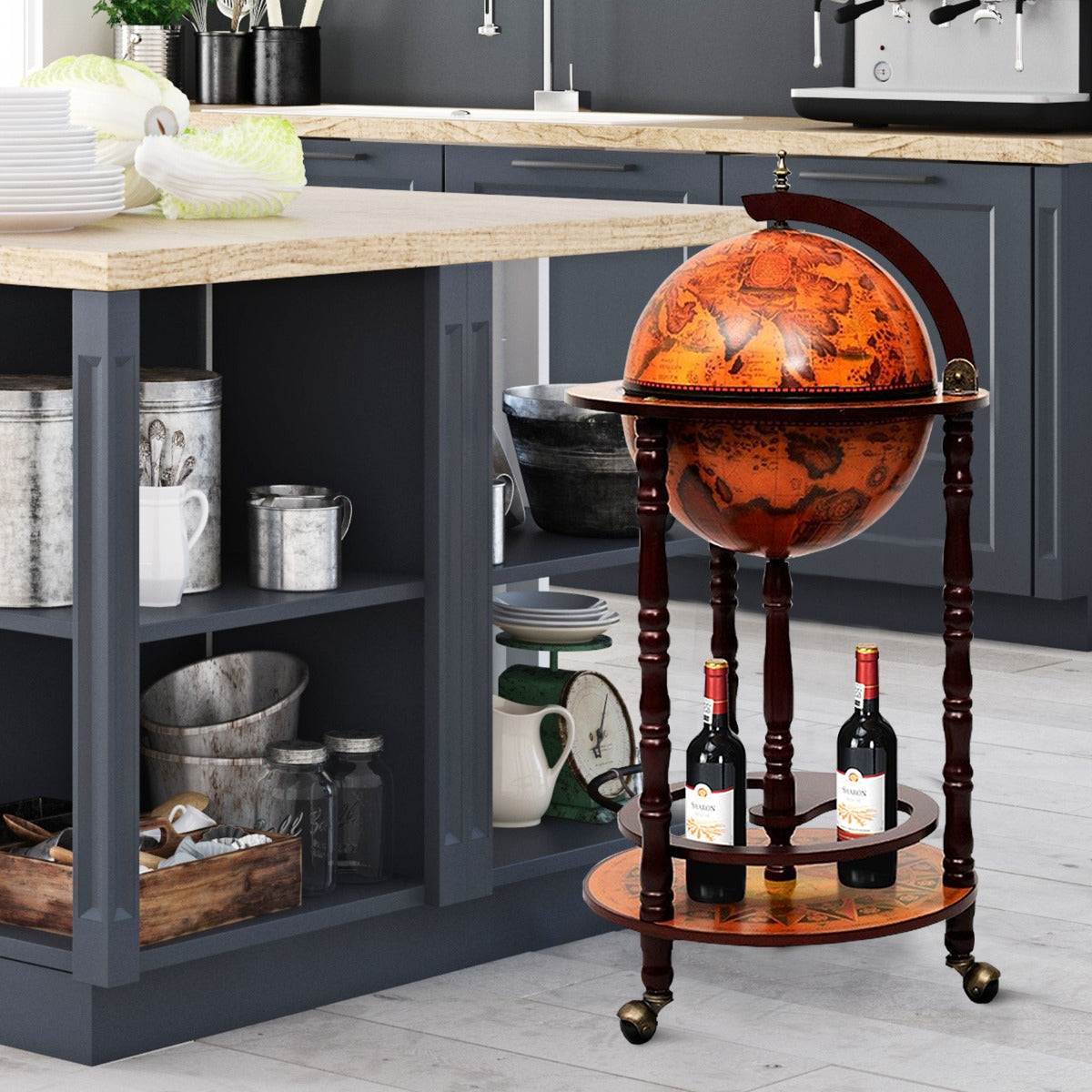 Bar Globe, Casier a Bouteille, Porte Bouteille Vin, en Bois Rack Cabinet globe italien du 16e siècle avec 3 pieds, Costway, 5