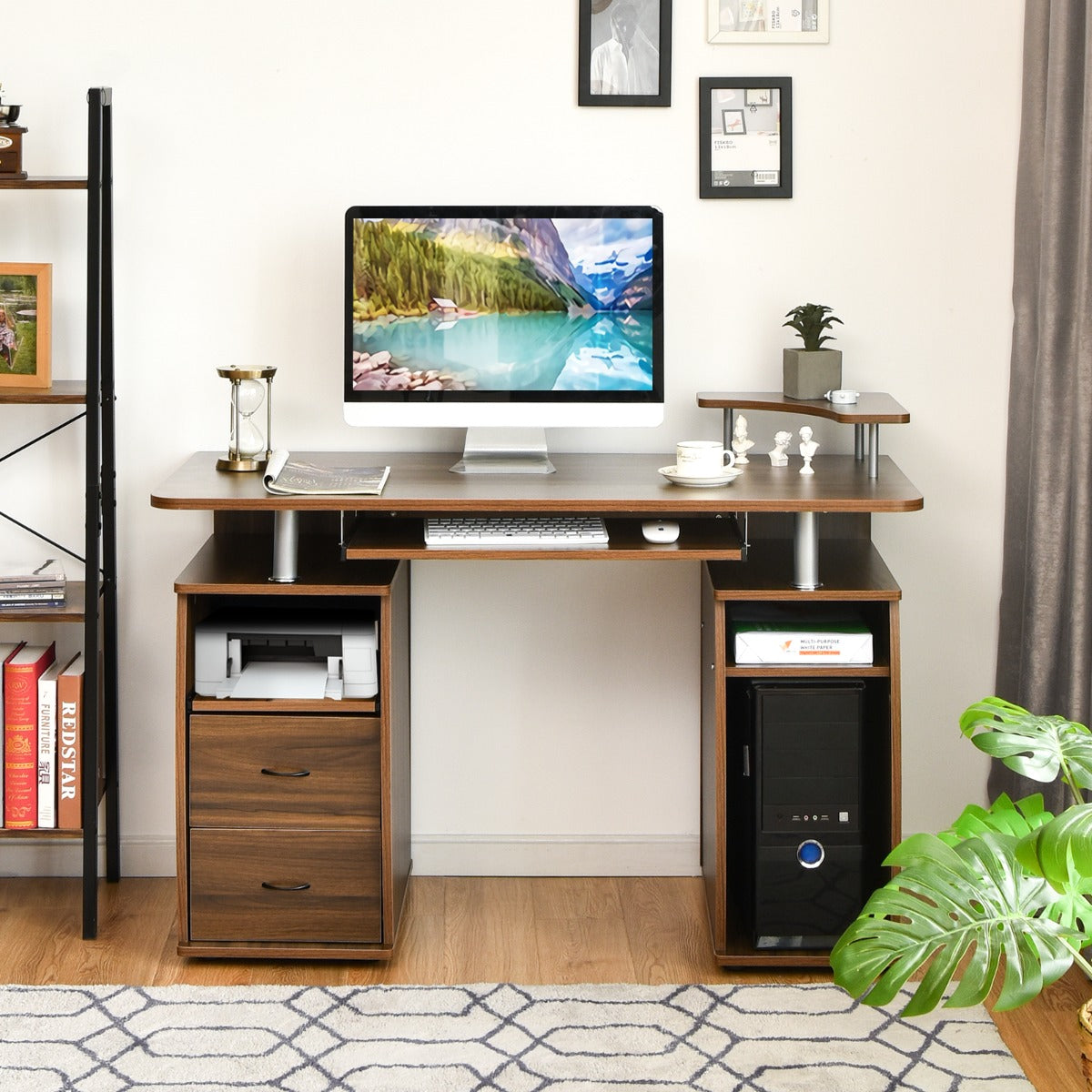 Bureau Ordinateur, Bureau Informatique, Bureau Moderne, Table de Bureau, Poste de Travail avec Tiroirs en Mdf, Costway, 4