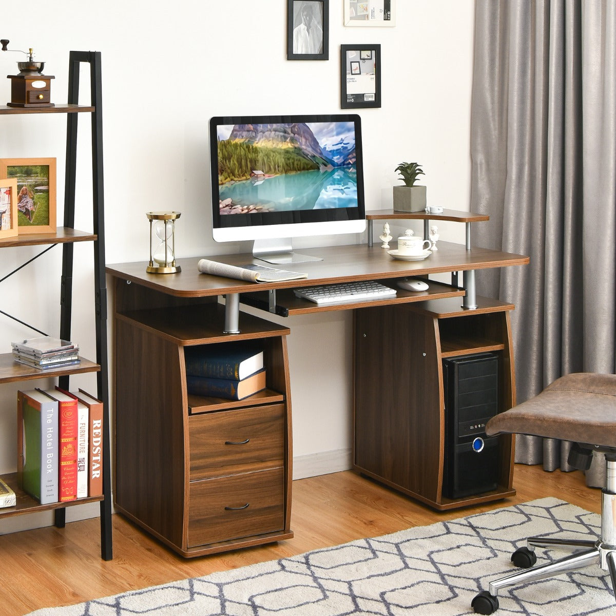 Bureau Ordinateur, Bureau Informatique, Bureau Moderne, Table de Bureau, Poste de Travail avec Tiroirs en Mdf, Costway, 2